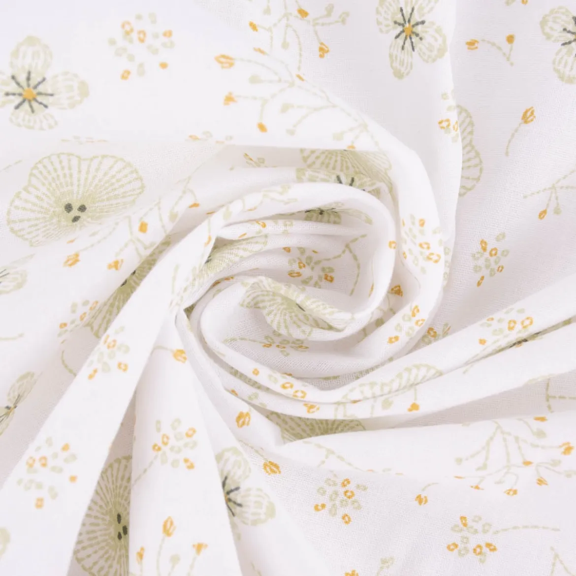 Baumwollstoff SHELBY Blumen Blüten weiß grün ocker dunkelgrün 1,5m Breite