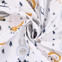 Baumwollstoff SKIMO Eskimo Hase Igel Schlitten Bäume weiß blau grau ocker 1,50m Breite