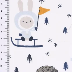Baumwollstoff SKIMO Eskimo Hase Igel Schlitten Bäume weiß blau grau ocker 1,50m Breite