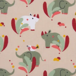 Baumwollstoff SUNDARA Elefant Nashorn Vogel hellbraun bunt 1,5m Breite
