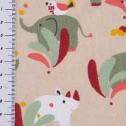 Baumwollstoff SUNDARA Elefant Nashorn Vogel hellbraun bunt 1,5m Breite