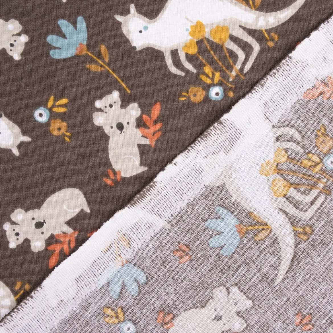 Baumwollstoff TJAMPI Känguru Koalas Blumen Blätter braun weiß grau ocker blau rost 1,5m Breite