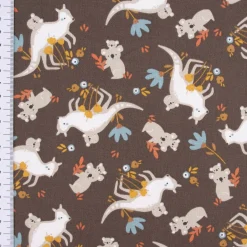 Baumwollstoff TJAMPI Känguru Koalas Blumen Blätter braun weiß grau ocker blau rost 1,5m Breite