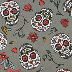 Baumwollstoff Totenköpfe Blumen Blätter altgrün rot mint 1,5m Breite