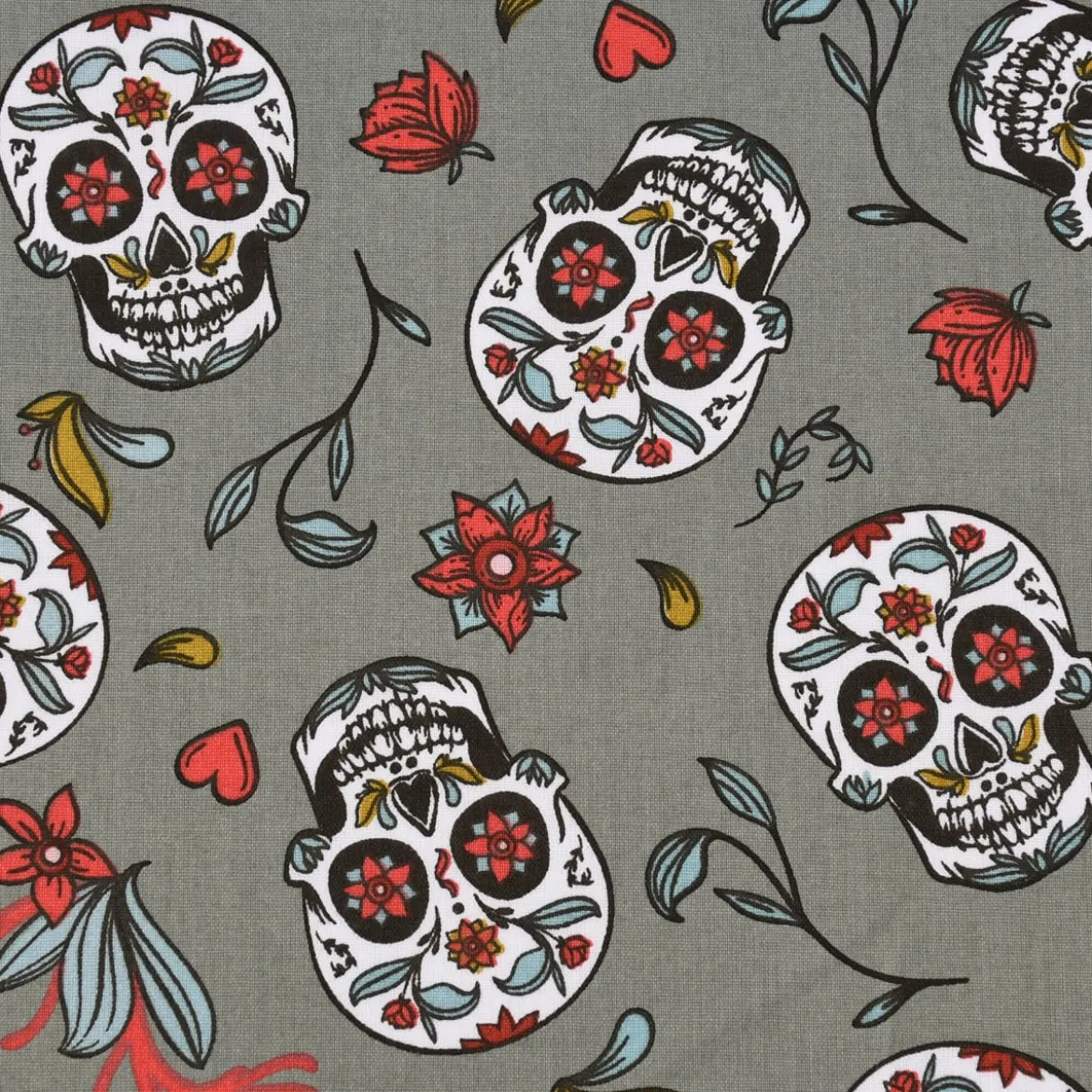 Baumwollstoff Totenköpfe Blumen Blätter altgrün rot mint 1,5m Breite