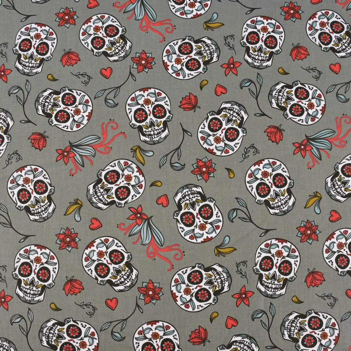 Baumwollstoff Totenköpfe Blumen Blätter altgrün rot mint 1,5m Breite