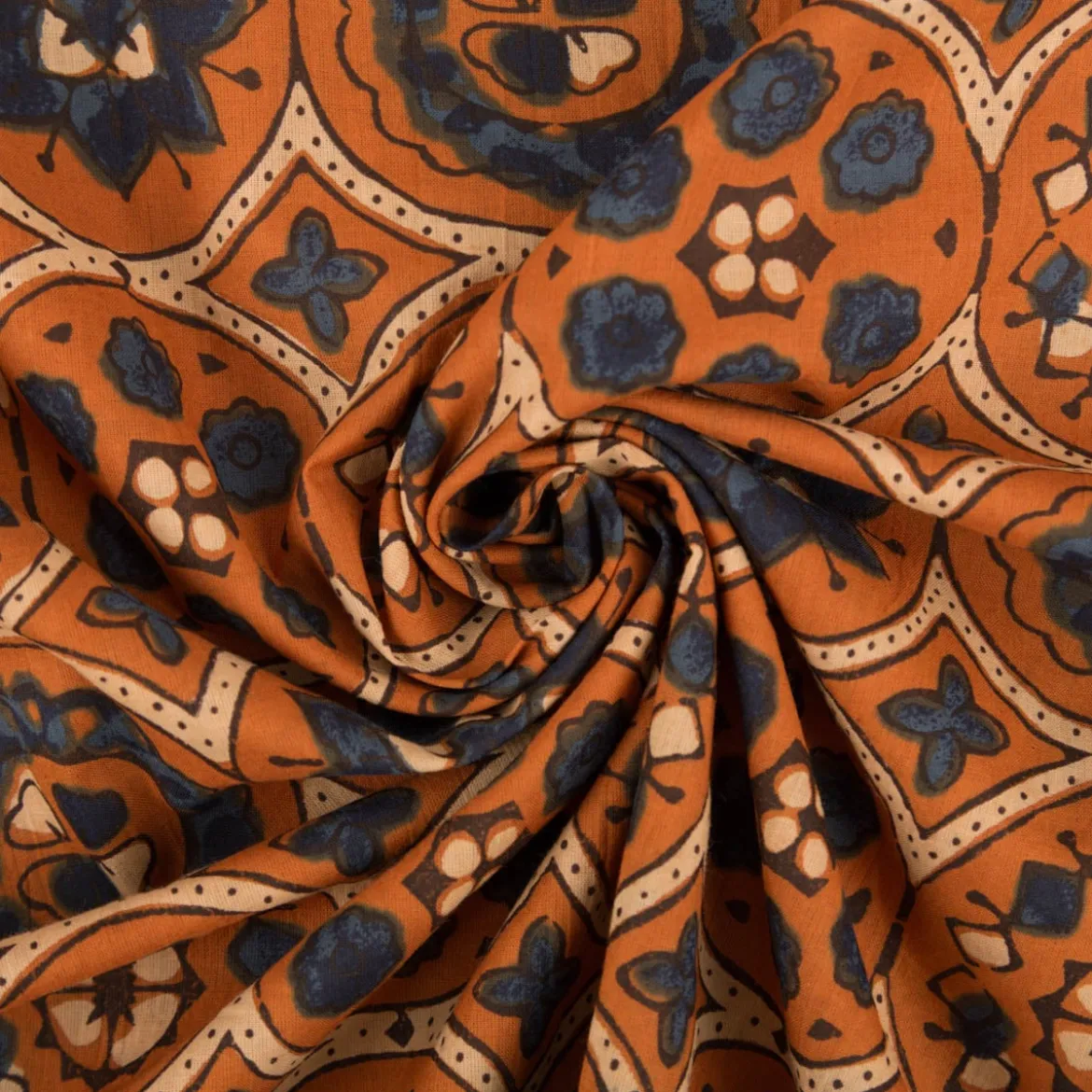 Baumwollstoff Voile Sommerdruck Ornamente Ocker Blau 1,40m Breite