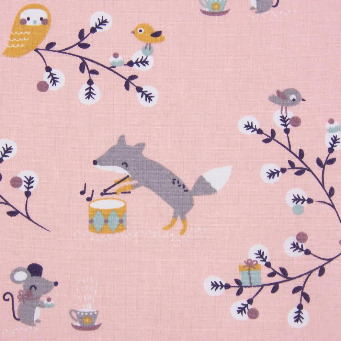 Baumwollstoff WATREE Fuchs Maus Vogel Ast rosa bunt 1,5m Breite