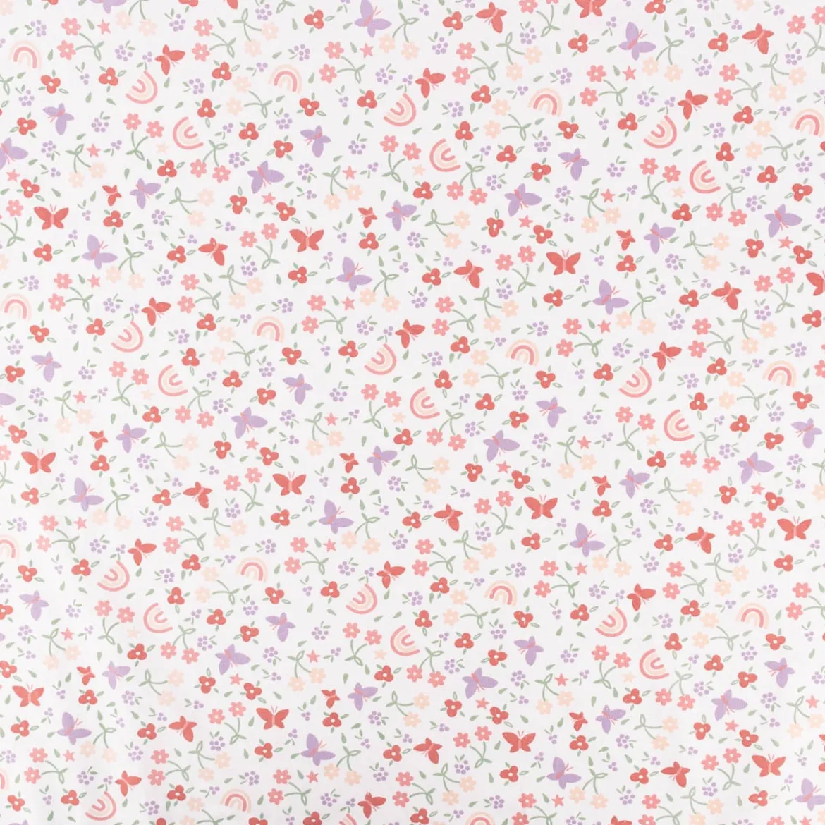 Baumwollstoff Webware Pelangi Blümchen Schmetterlinge Regenbogen weiß bunt 1,47m Breite