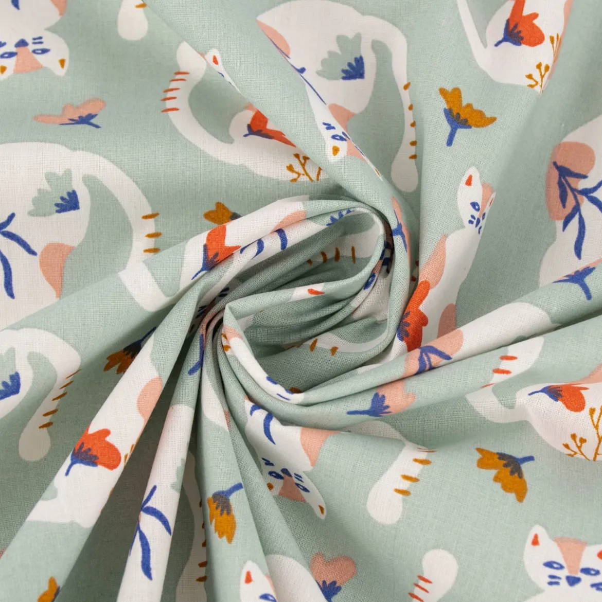 Baumwollstoff Webware Tacha Katzen Blumen mint 1,47m Breite