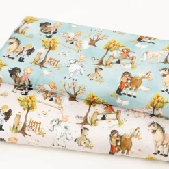 Baumwollstoff Webware Uppsala Pferde Freunde hellbeige bunt von Swafing 1,47m Breite
