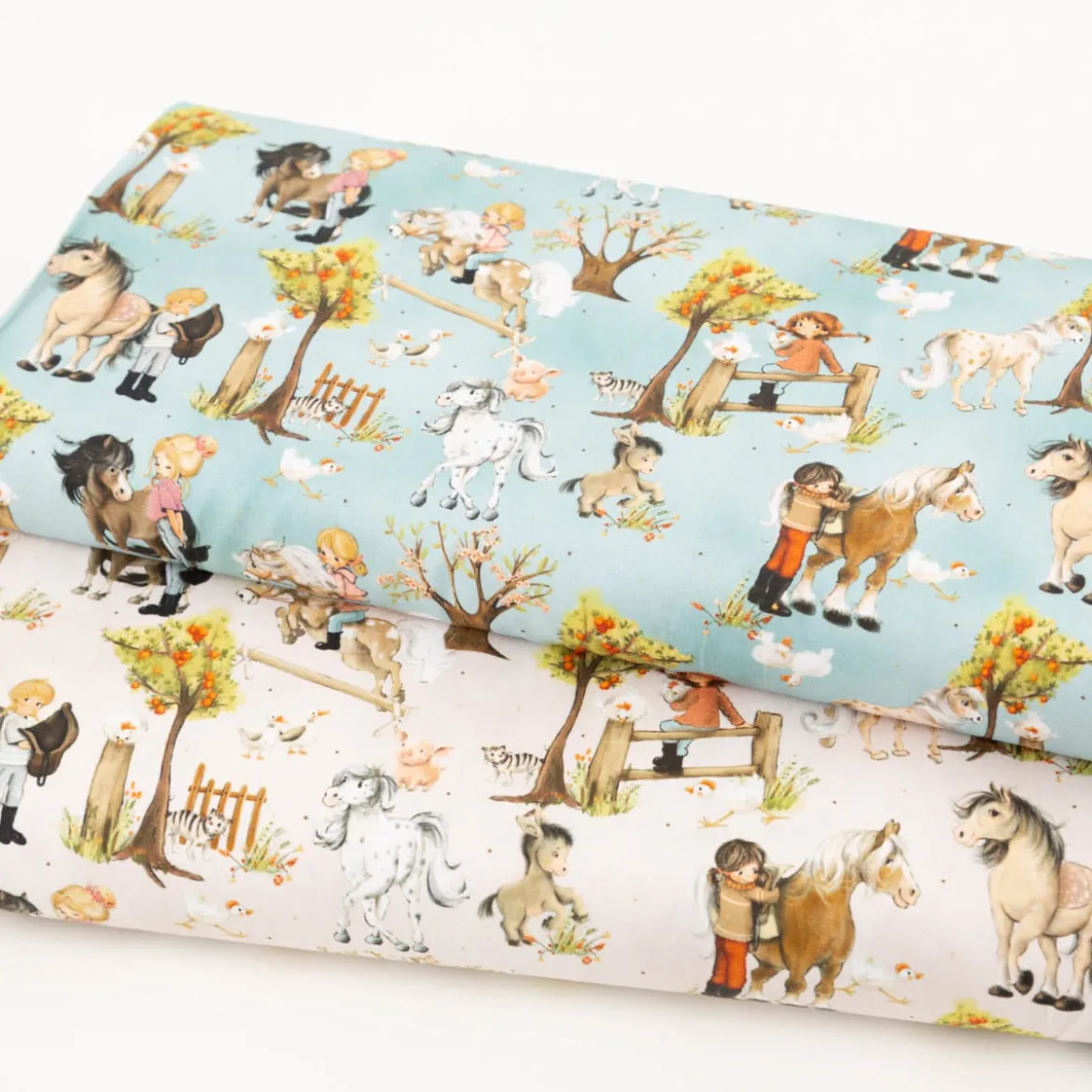 Baumwollstoff Webware Uppsala Pferde Freunde hellbeige bunt von Swafing 1,47m Breite