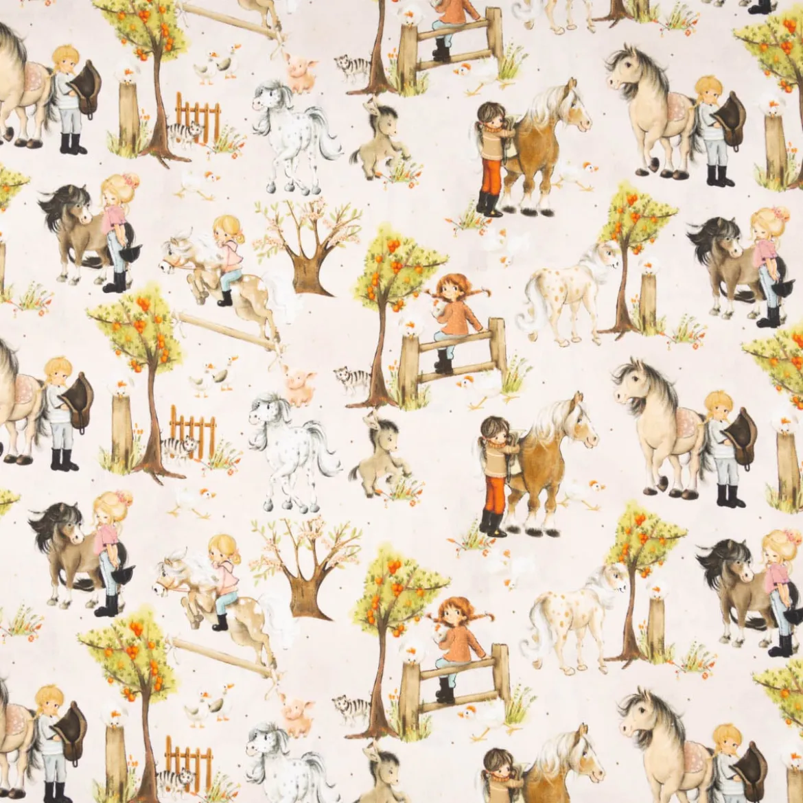 Baumwollstoff Webware Uppsala Pferde Freunde hellbeige bunt von Swafing 1,47m Breite