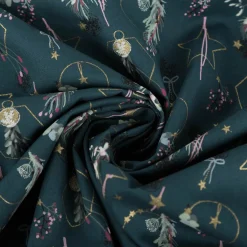 Baumwollstoff Webware Weihnachten Deko Hänger Sterne Kugeln petrol goldfarbig 1,45m Breite