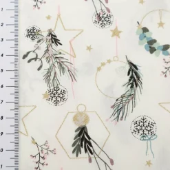 Baumwollstoff Webware Weihnachten Deko Hänger Sterne Kugeln wollweiß goldfarbig 1,45m Breite