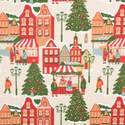 Baumwollstoff Weihnachtsdorf natur rot 1,40m Breite