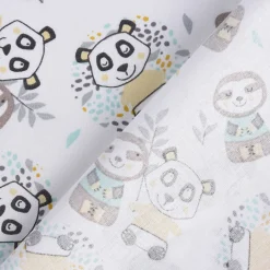 Baumwollstoff WONI Panda Faultier weiß braun türkis gelb grau 1,5m Breite