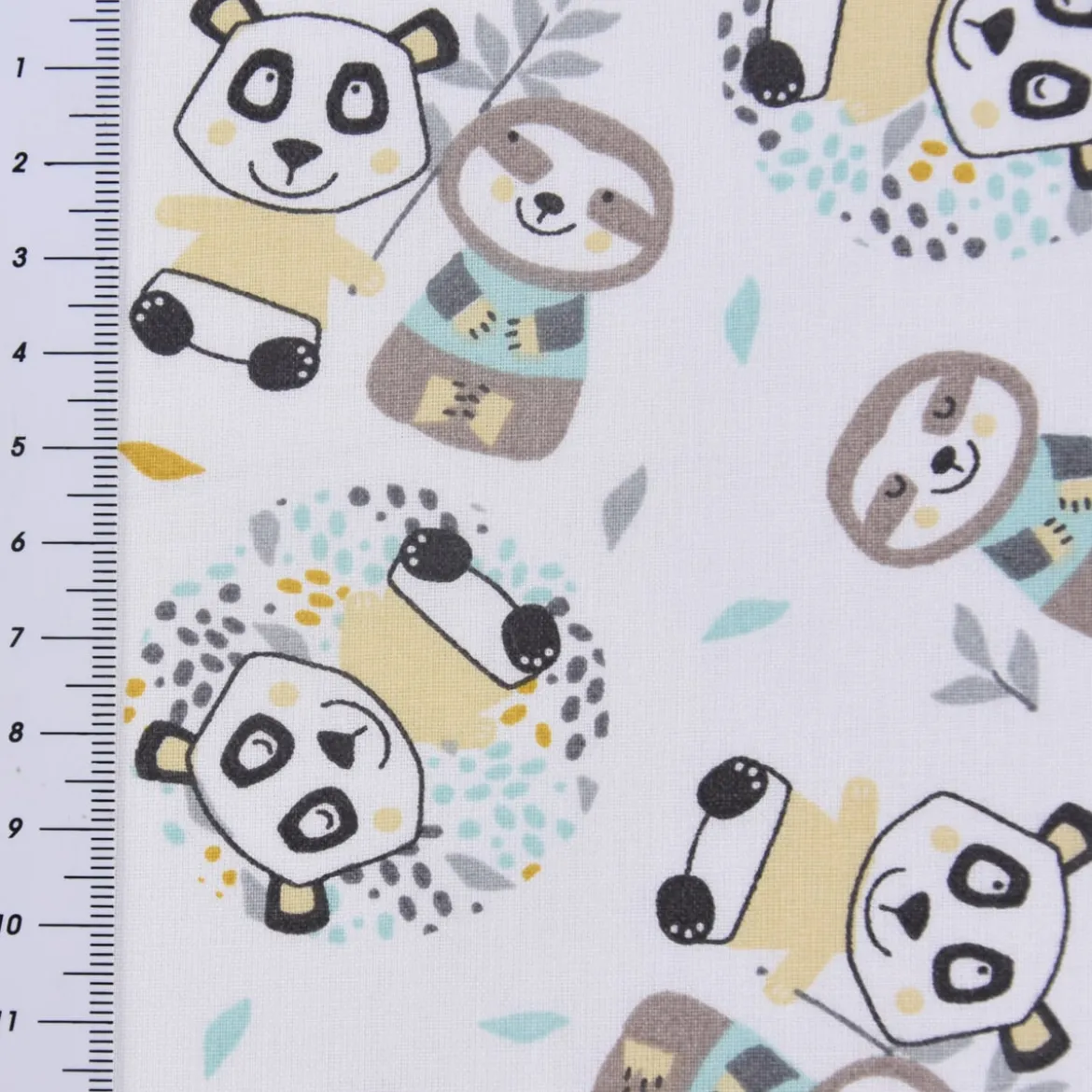 Baumwollstoff WONI Panda Faultier weiß braun türkis gelb grau 1,5m Breite