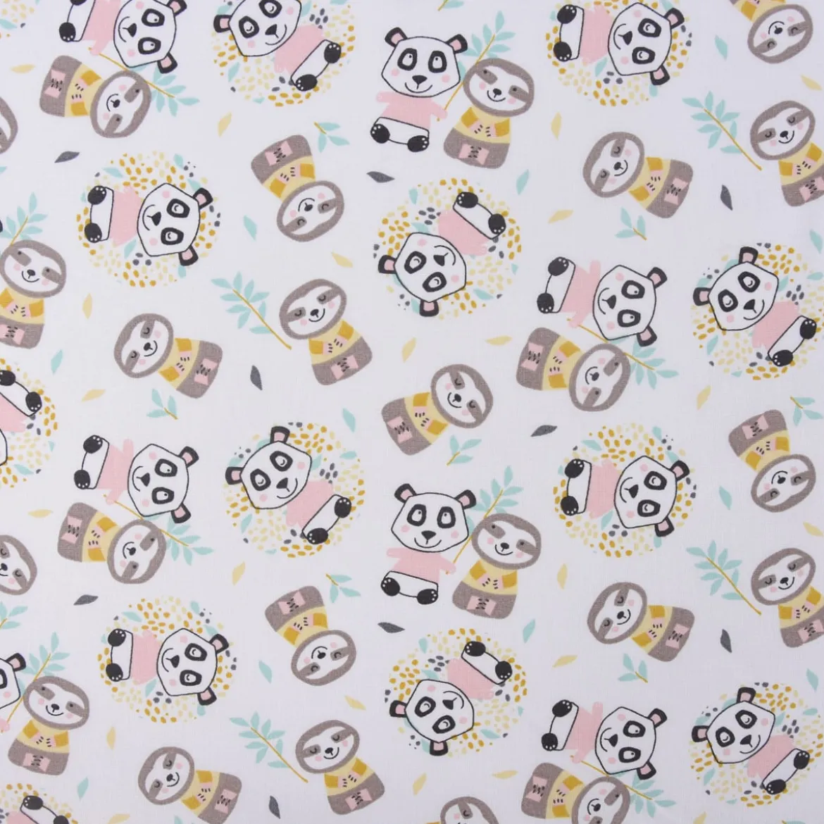 Baumwollstoff WONI Panda Faultier weiß braun rosa türkis gelb grau 1,5m Breite