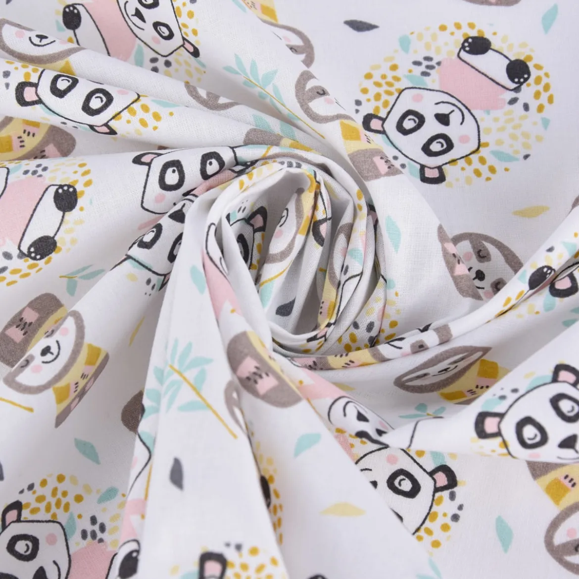 Baumwollstoff WONI Panda Faultier weiß braun rosa türkis gelb grau 1,5m Breite