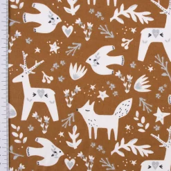 Baumwollstoff YIHA Hirsch Fuchs Vogel Zweige braungrün weiß eisblau 1,5m Breite
