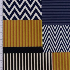 Bekleidungsstoff Crêpe Patchwork-Optik Streifen Zick Zack Kästchen weiß blau olivgrün rot 1,5m Breite