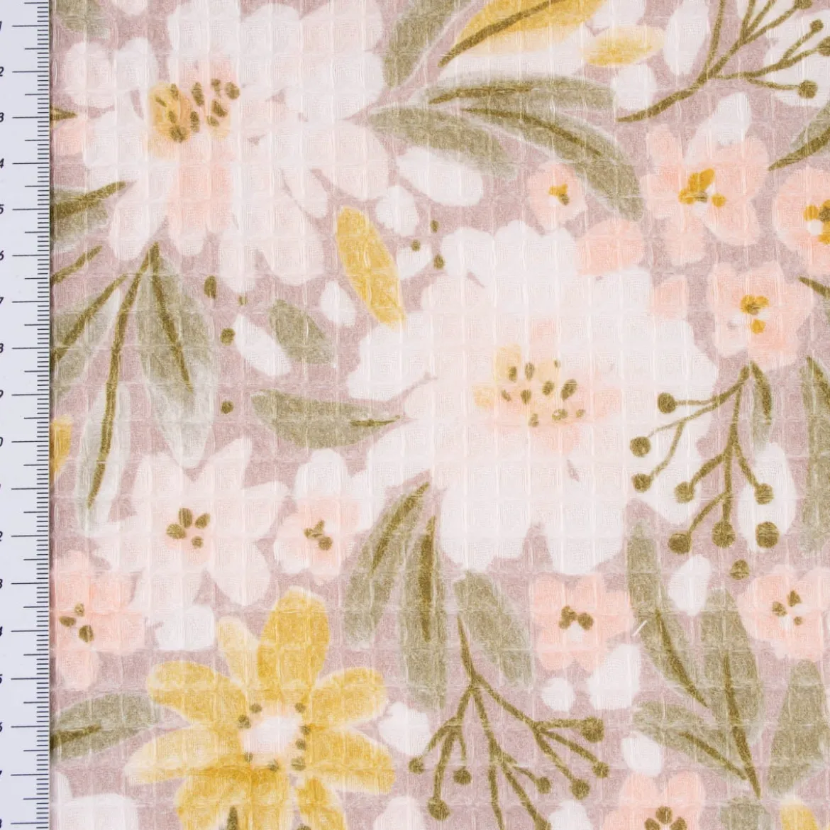 Bekleidungsstoff Waffelpique Digitaldruck Blumen Blätter altrosa senf grün 1,45m Breite