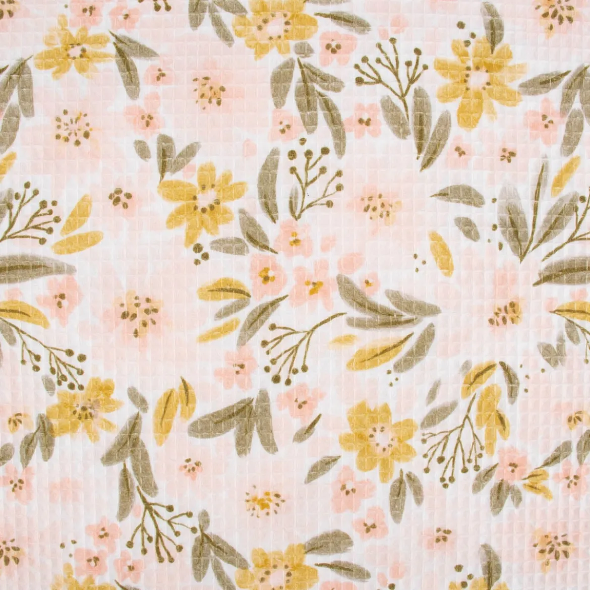Bekleidungsstoff Waffelpique Digitaldruck Blumen Blätter weiß rosa senf grün 1,45m Breite