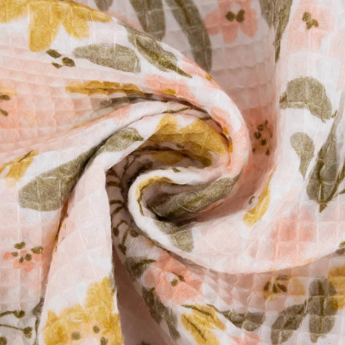 Bekleidungsstoff Waffelpique Digitaldruck Blumen Blätter weiß rosa senf grün 1,45m Breite