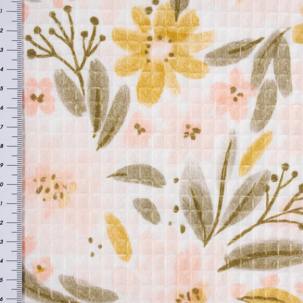 Bekleidungsstoff Waffelpique Digitaldruck Blumen Blätter weiß rosa senf grün 1,45m Breite