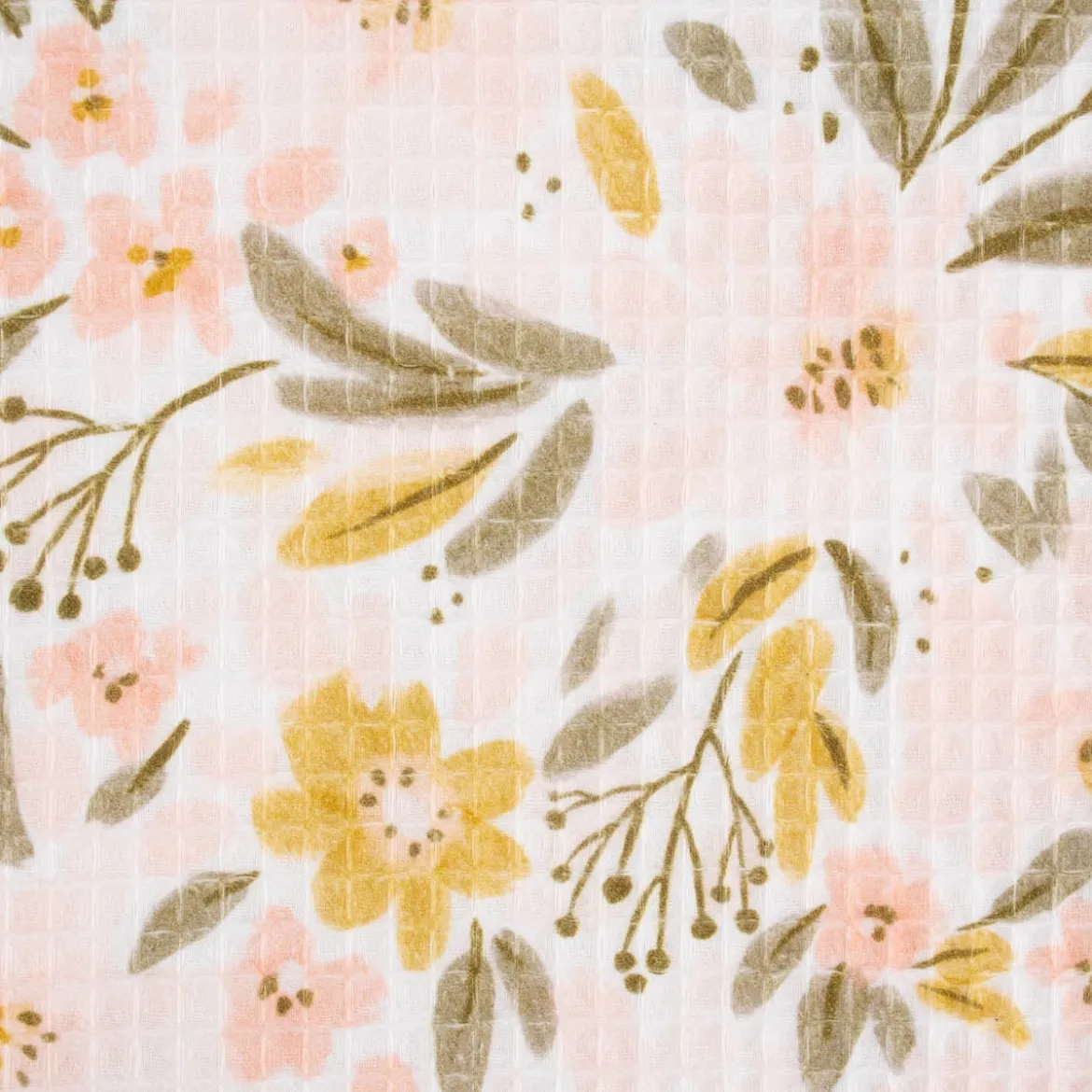 Bekleidungsstoff Waffelpique Digitaldruck Blumen Blätter weiß rosa senf grün 1,45m Breite