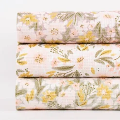 Bekleidungsstoff Waffelpique Digitaldruck Blumen Blätter weiß rosa senf grün 1,45m Breite