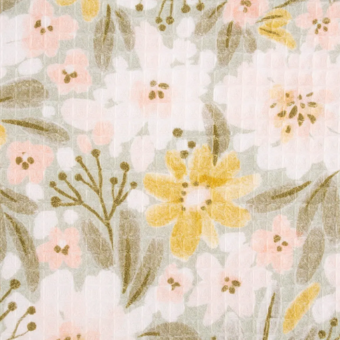 Bekleidungsstoff Waffelpique Digitaldruck Blumen Blätter altgrün rosa senf 1,45m Breite