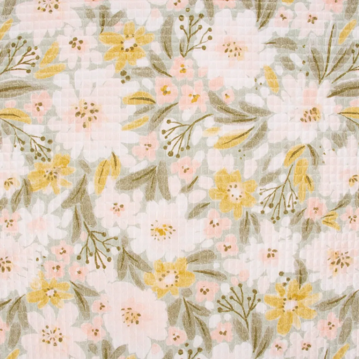 Bekleidungsstoff Waffelpique Digitaldruck Blumen Blätter altgrün rosa senf 1,45m Breite