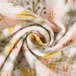 Bekleidungsstoff Waffelpique Digitaldruck Blumen Blätter altgrün rosa senf 1,45m Breite