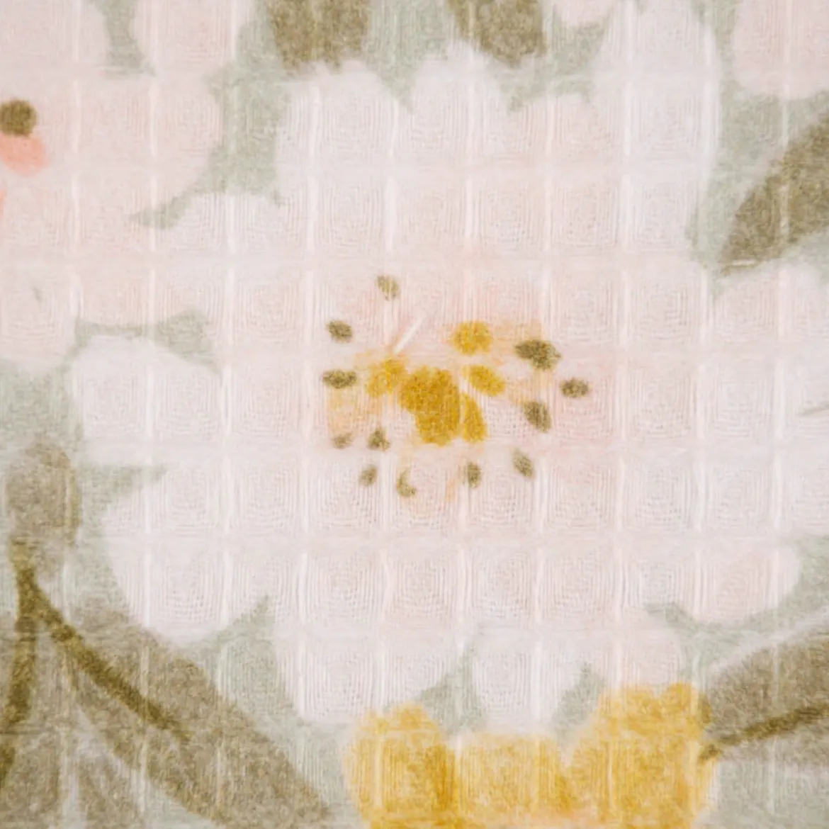 Bekleidungsstoff Waffelpique Digitaldruck Blumen Blätter altgrün rosa senf 1,45m Breite