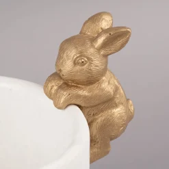 Übertopf mit Hase Zement weiß goldfarbig 14x19cm