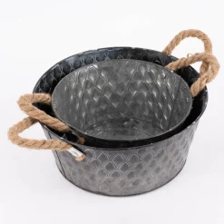 Übertopf mit Musterprägung und Henkeln Zink silberfarbig natur 25x11cm