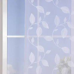 Bestickte Ösengardine Ösenvorhang mit gestickten Blätterranken weiß 140x245cm