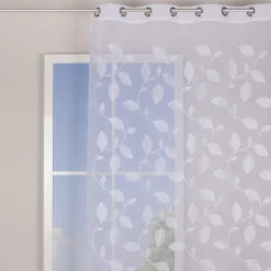 Bestickte Ösengardine Ösenvorhang mit gestickten Blätterranken weiß 140x245cm