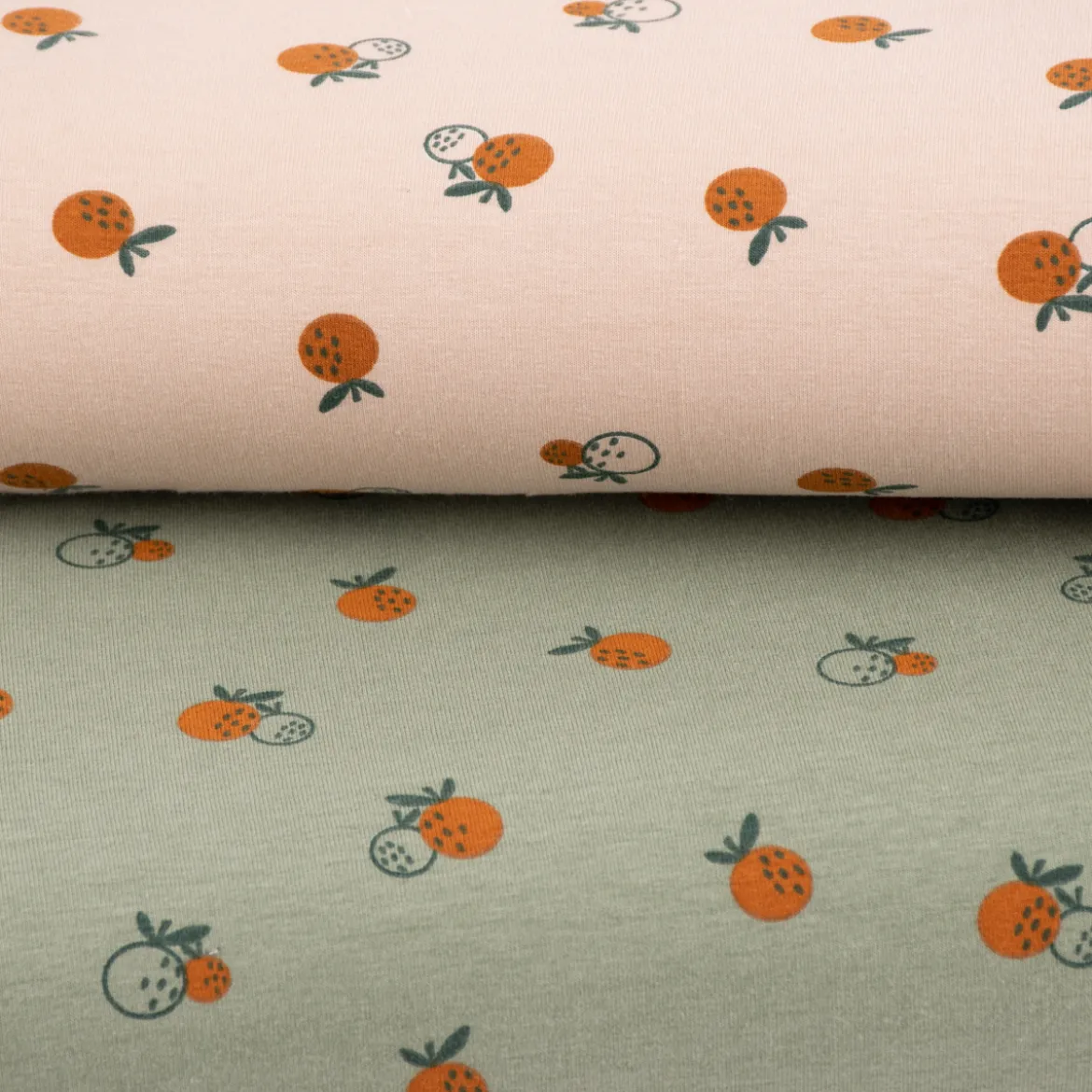 Bio Baumwolljersey Jerseystoff Organic Fruit Orangen dark mint grün 1,50m Breite