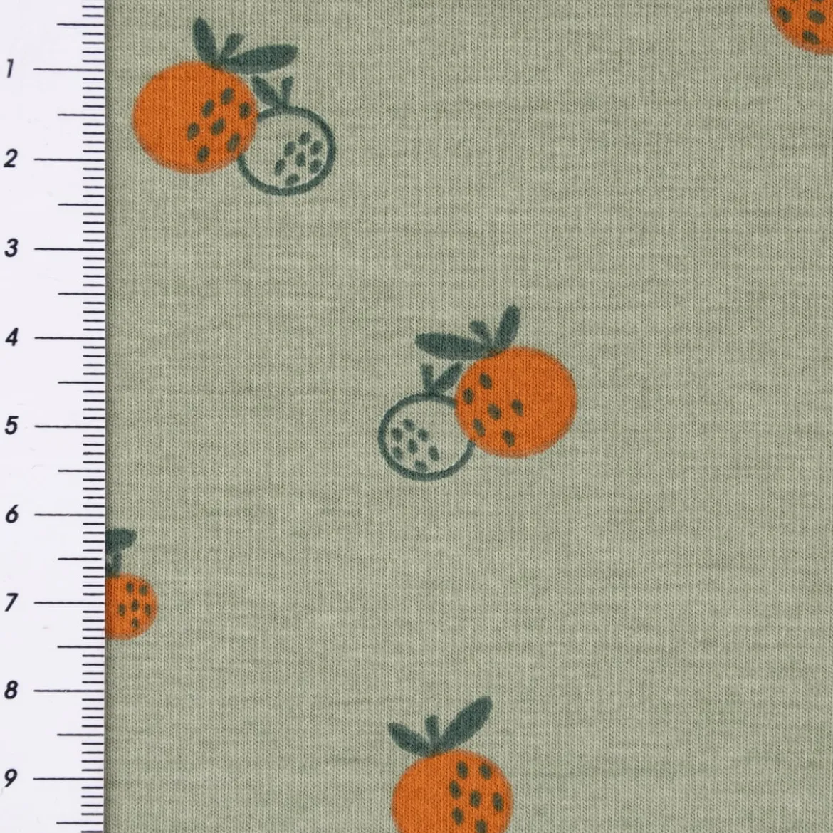Bio Baumwolljersey Jerseystoff Organic Fruit Orangen dark mint grün 1,50m Breite
