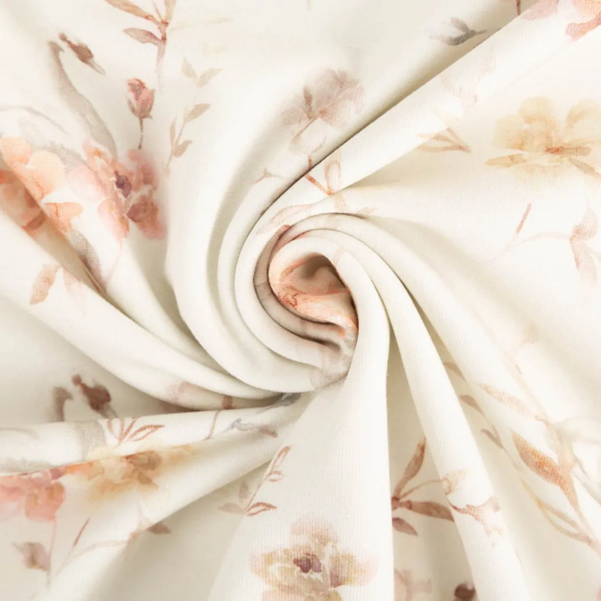 Bio French Terry Baumwollstoff Schwäne Blumen wollweiß rosa 145cm