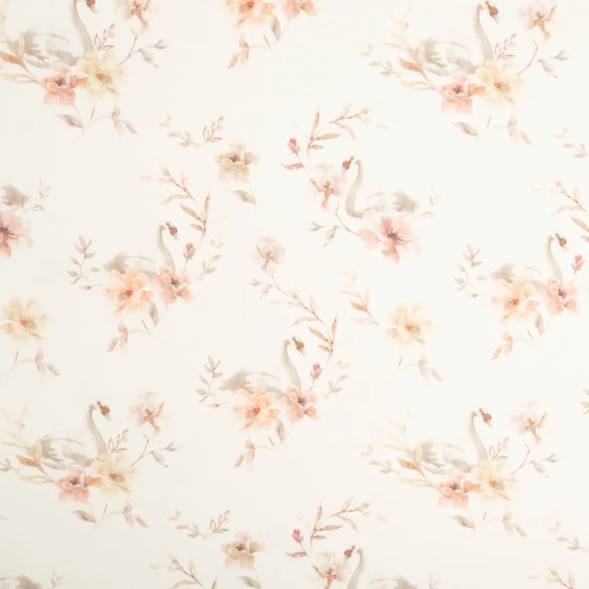 Bio French Terry Baumwollstoff Schwäne Blumen wollweiß rosa 145cm