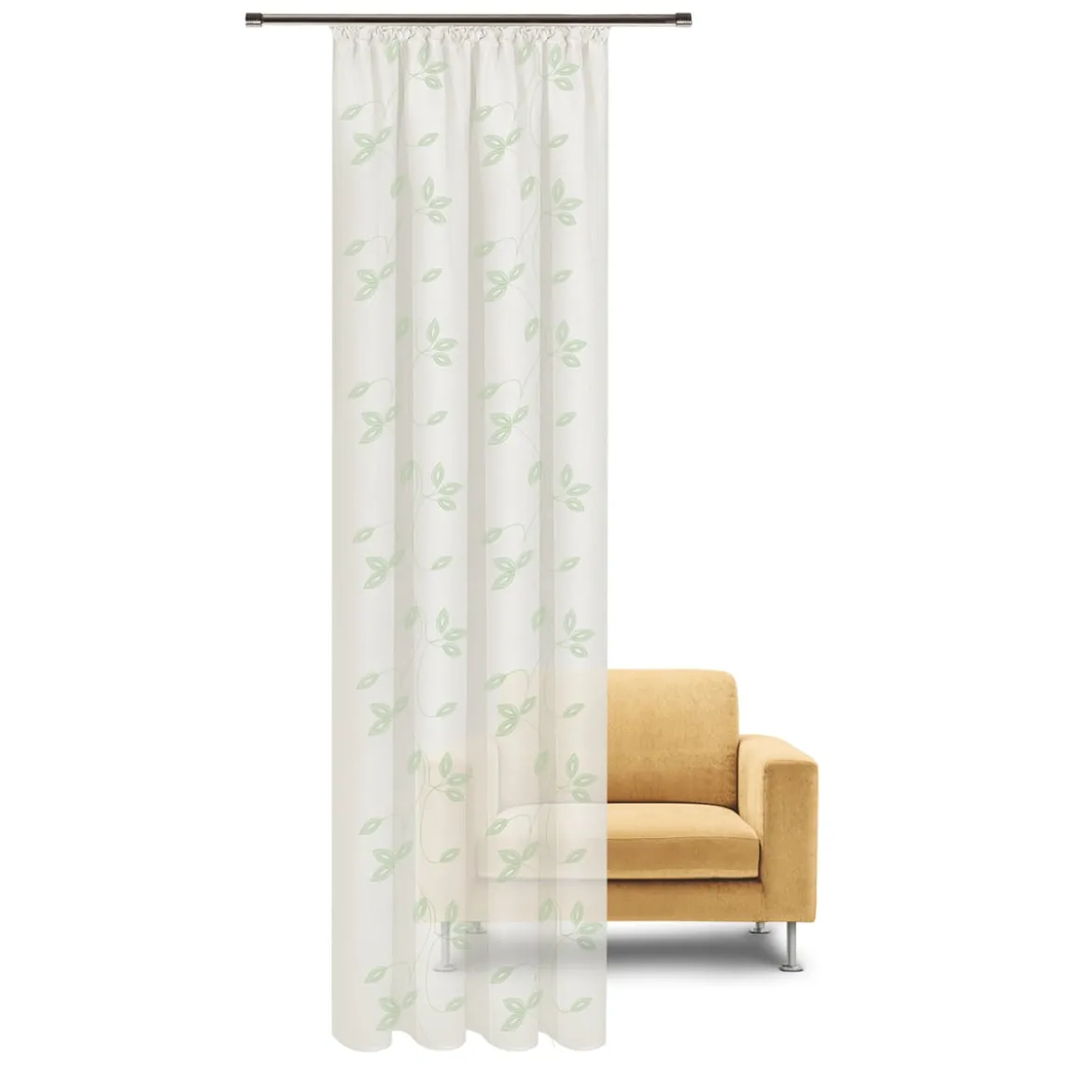 Bio Gardine transparenter Vorhangschal aus Bio Baumwolle mit Blätterstickerei und natürlicher Leinenstruktur weiß grün 140x245cm