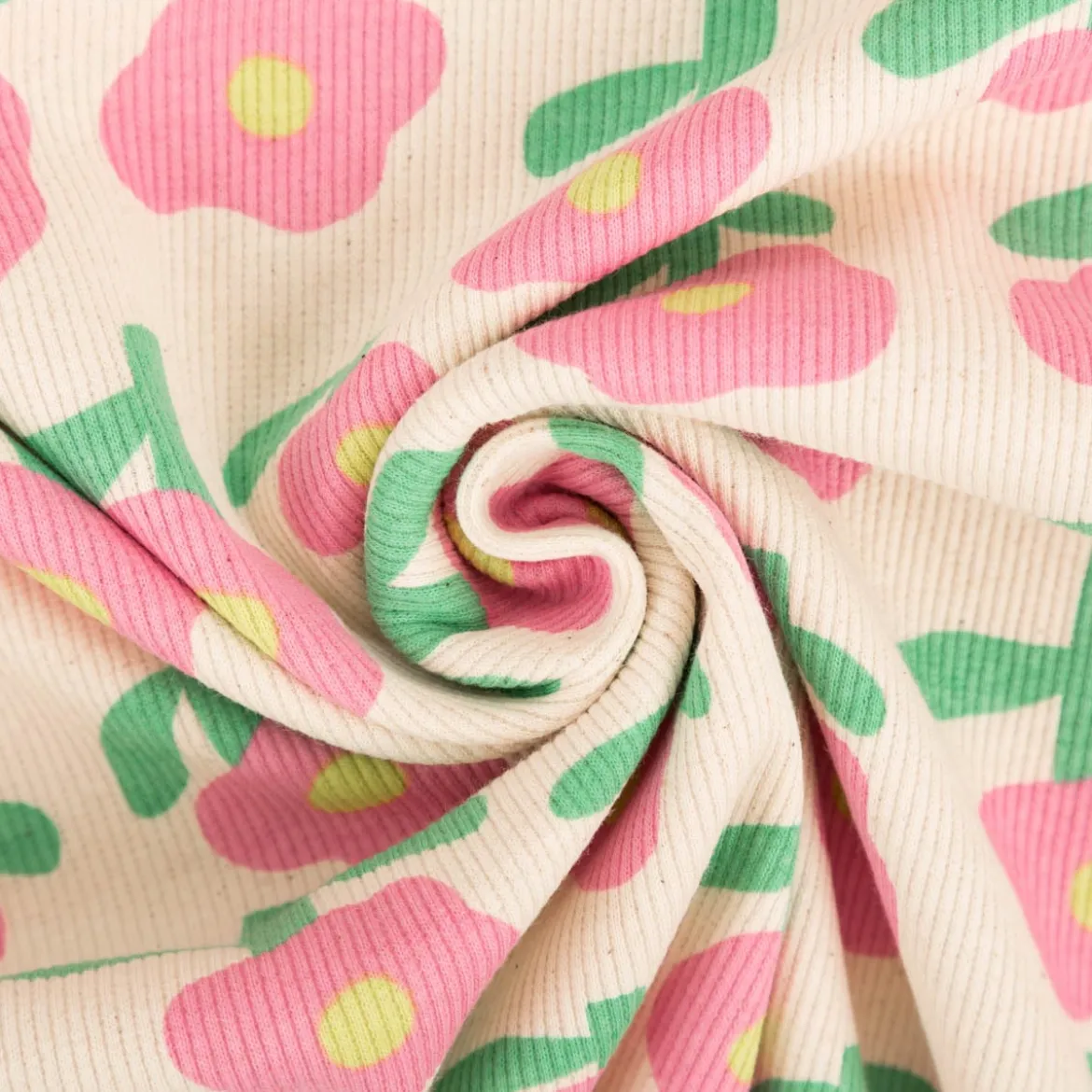 Bio Rippjersey Rib Jersey Stoff Baumwolle Blumen Jennifer Bouron natur pink 1,2m Breite
