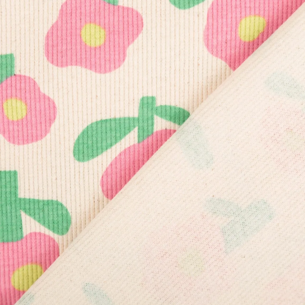 Bio Rippjersey Rib Jersey Stoff Baumwolle Blumen Jennifer Bouron natur pink 1,2m Breite