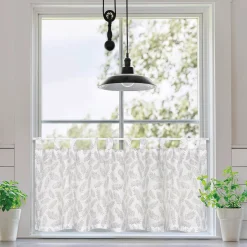 Bio Schlaufenbistro Scheibengardine aus Bio Baumwolle mit Blätterprint wollweiß grün 150x50cm