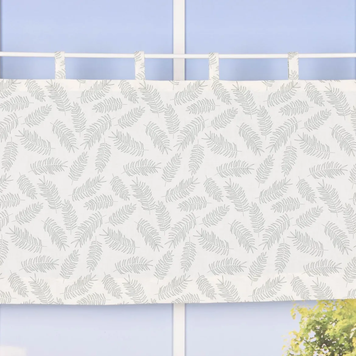 Bio Schlaufenbistro Scheibengardine aus Bio Baumwolle mit Blätterprint wollweiß grün 150x50cm