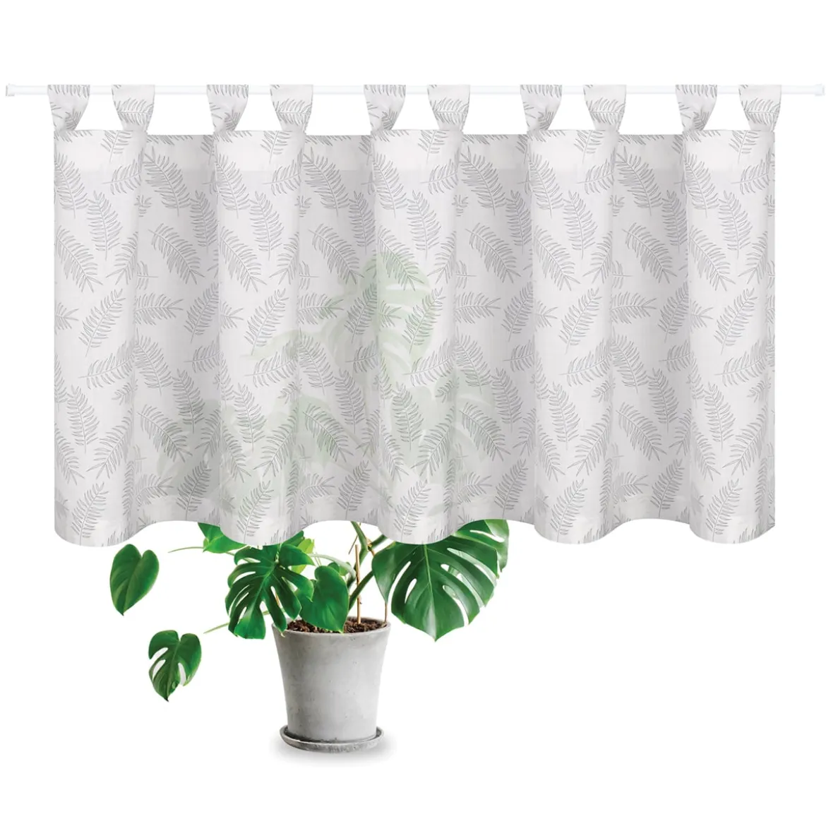 Bio Schlaufenbistro Scheibengardine aus Bio Baumwolle mit Blätterprint wollweiß grün 150x50cm